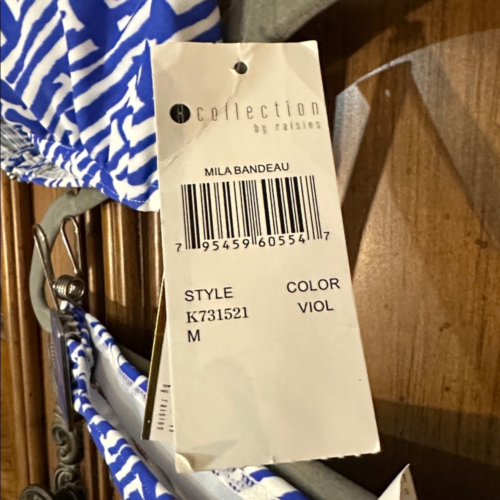 NEW R Collection Blue and White Geometric By Raisins Bandeau Bikini Set Size M - Picture 3 of 9